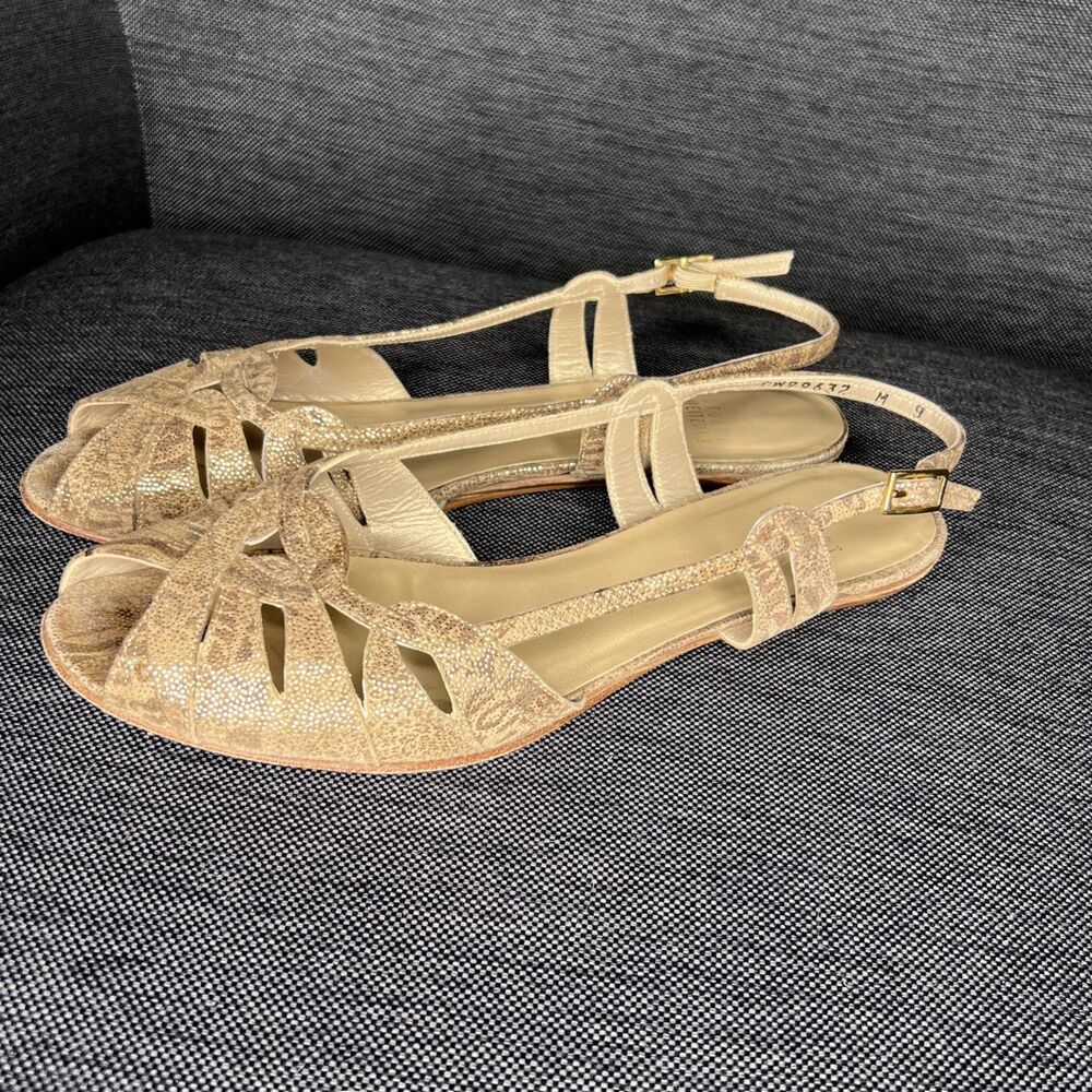 Stuart Weitzman Slingback Sandals Low Wedge Womens 9 M Metallic Tan Leather